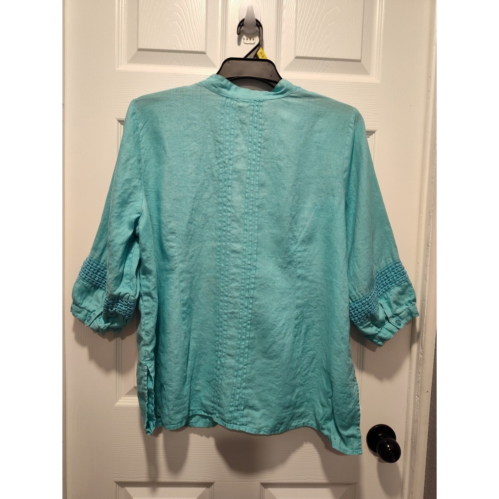 Susan Bristol 100% Linen Aqua 3/4 Sleeve Button Neck Shirt Sz‎ 1X Cool Light - Picture 2 of 6